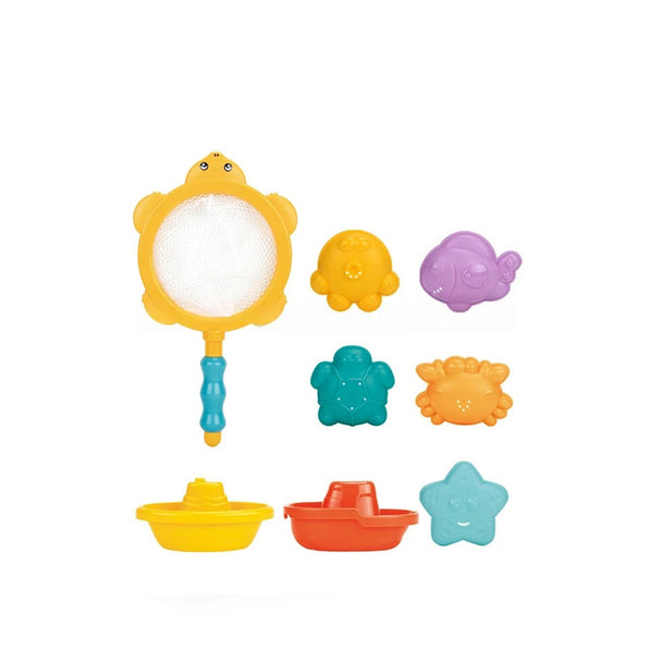 HE0265 Water Bath Toy Bag 8 Piece with colorful bath toys and mesh bag for toddlers.