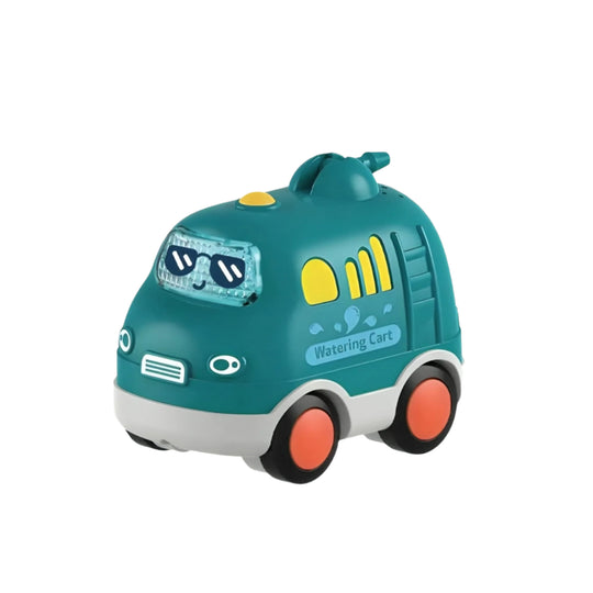 Mini soft cartoon vehicle toy with pull-back mechanism for toddlers.