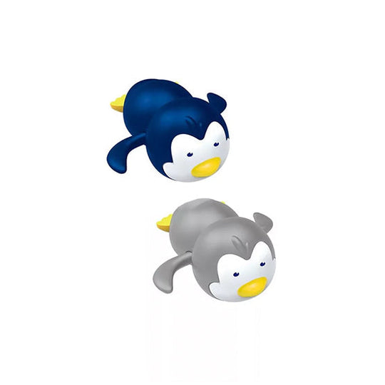 Colorful penguin-shaped baby bath toys on a white background, designed for sensory and motor skill development.