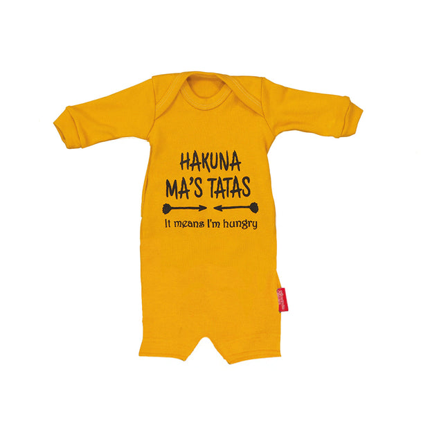Baby Republic Hakuna Ma'tatas mustard cotton baby romper with long sleeves and playful text design