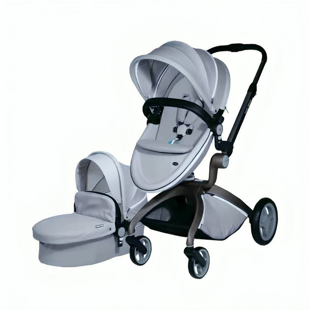HotMom Cocoon Grey stroller with reversible seat and bassinette.