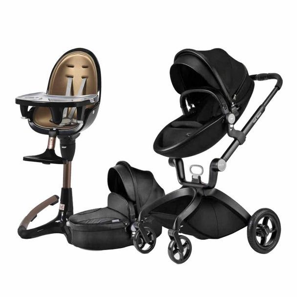 Hot Mom black stroller and black and rose gold high chair set, featuring luxury design and functionality.