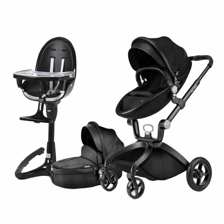 Hot Mom Black Stroller and High Chair set with adjustable, reversible seat and sleek design.