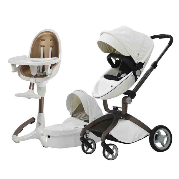 Hot Mom White Stroller and White & Rose Gold High Chair set, featuring luxury and functionality for modern parenting needs.