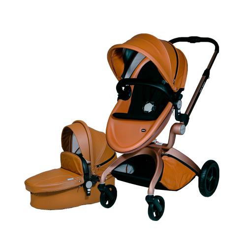 Luxury HotMom Cocoon Toffee stroller with reversible seat and bassinette.