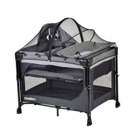 Chelino Tiffany Lux II Co-Sleeper Camp Cot with detachable carry cot, nappy changer, and dome mosquito net.
