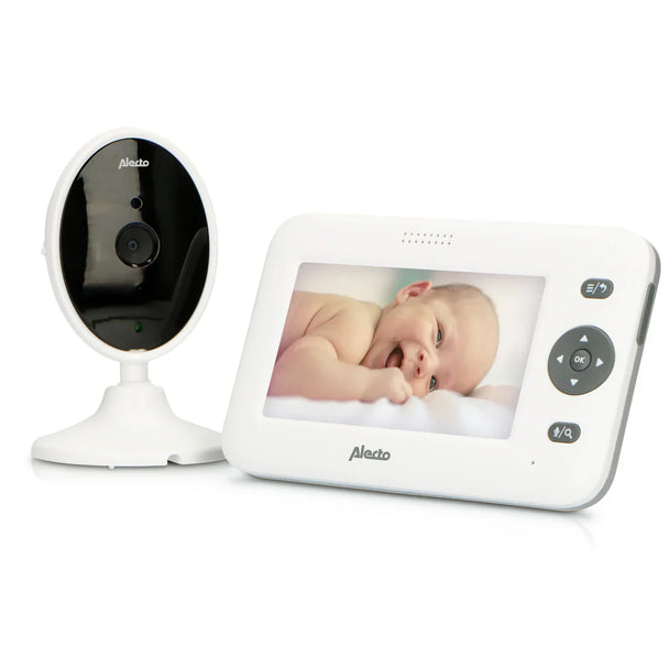 Alecto DVM-140 video baby monitor with 4.3-inch color display and camera showing a baby, white design