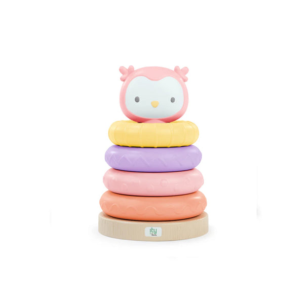 Cute stacking toy for infants and toddlers featuring colorful rings and a pink owl topper.