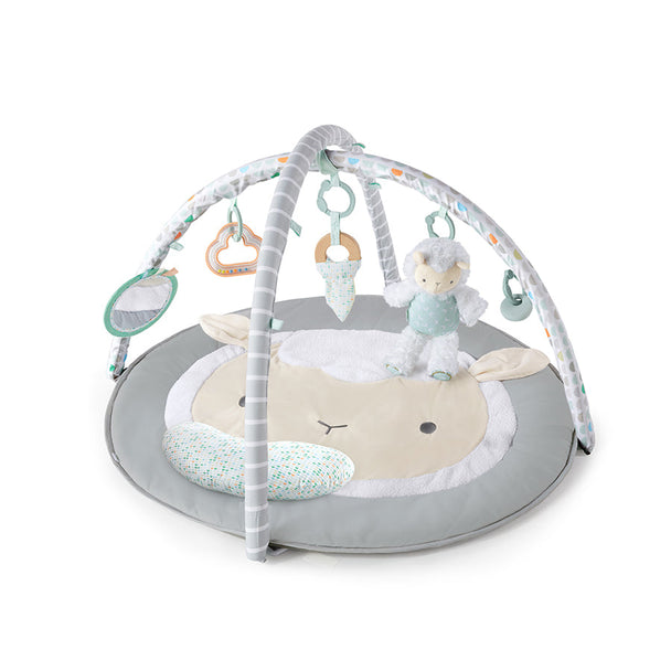 ING Sheppy's Spot Plush Activity Gym for babies with hanging toys and comfy mat for playtime.
