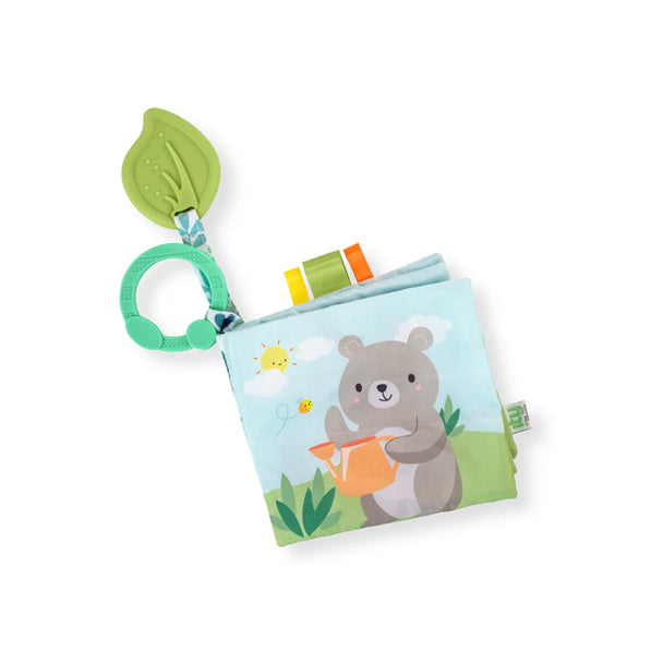 Soft baby book featuring Nate the bear with various textures and ribbon tags, suitable for 0-36 months.
