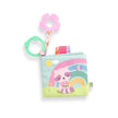 ING Soft Book Deni featuring plush raccoon design, crinkle textures, and satin ribbon tags for babies 0-36 months.