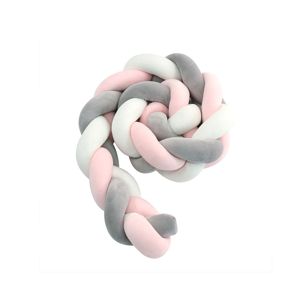 Three Cube Knotted Crib Bumper in white, grey, and pink, providing soft and secure surroundings for babies.