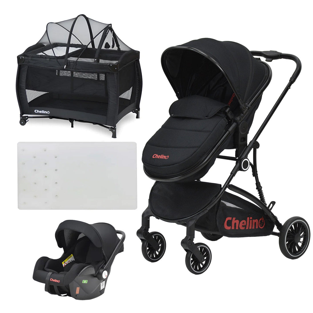 Lazer 2 in 1 Travel System stroller with convertible bassinet and Tommy Camp Cot with mattress combo for infants