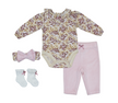 Baby 4 piece light pink floral velvet set for newborns with soft breathable fabric and snap-button closures