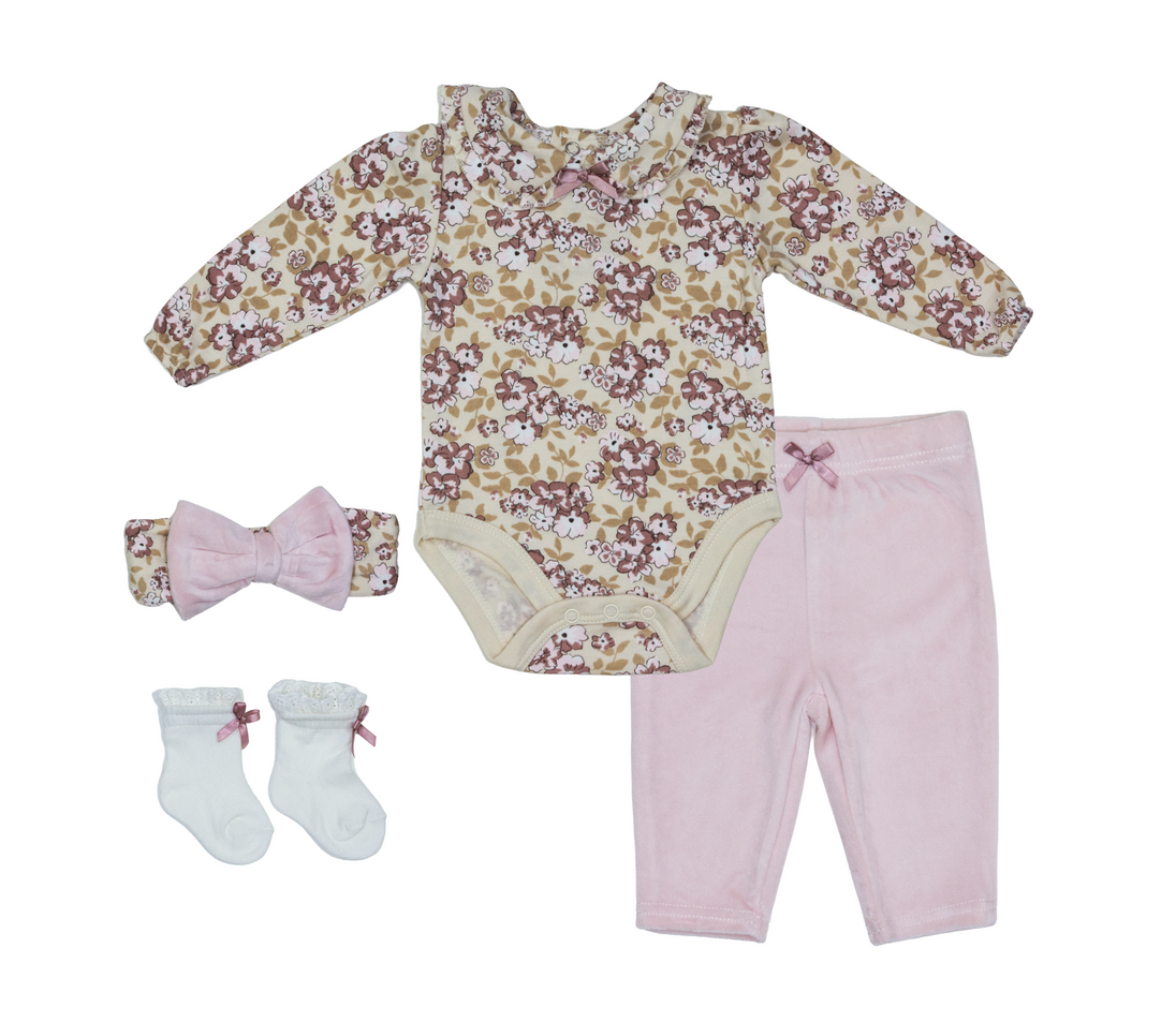 Baby 4 piece light pink floral velvet set for newborns with soft breathable fabric and snap-button closures