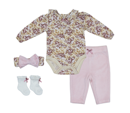 Baby 4 piece light pink floral velvet set for newborns with soft breathable fabric and snap-button closures