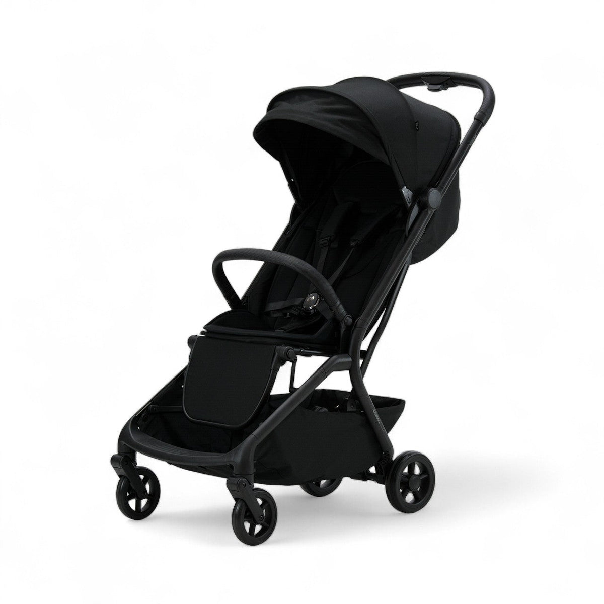 Lunar Air Stroller with a sleek black frame, black fabric seat and canopy, and compact folding design.