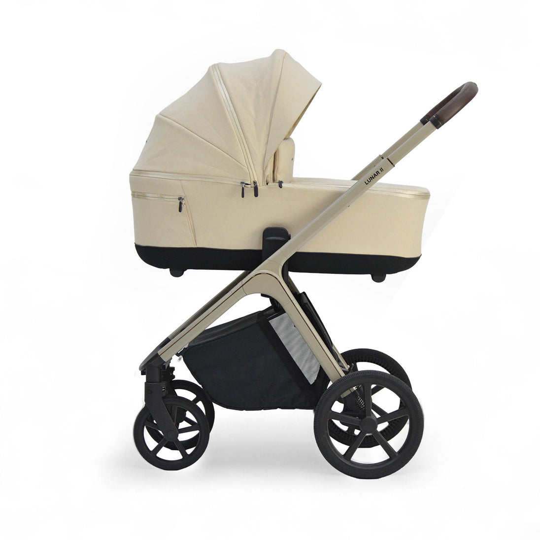 Beige Lunar II carry cot with canopy and black stroller frame designed for infant comfort and sun protection