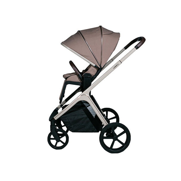 Lunar II Stroller in Mocca color, elegant design with adjustable canopy and large wheels for all-terrain comfort.
