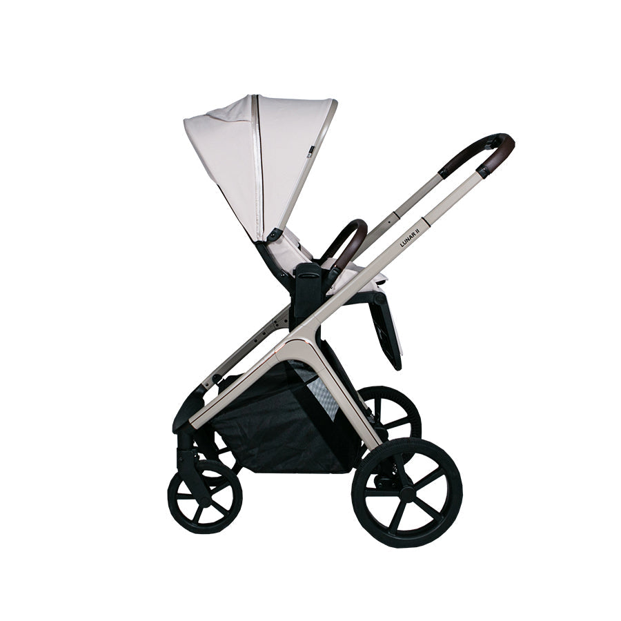 Beige Lunar II Stroller with sleek design and adjustable canopy.