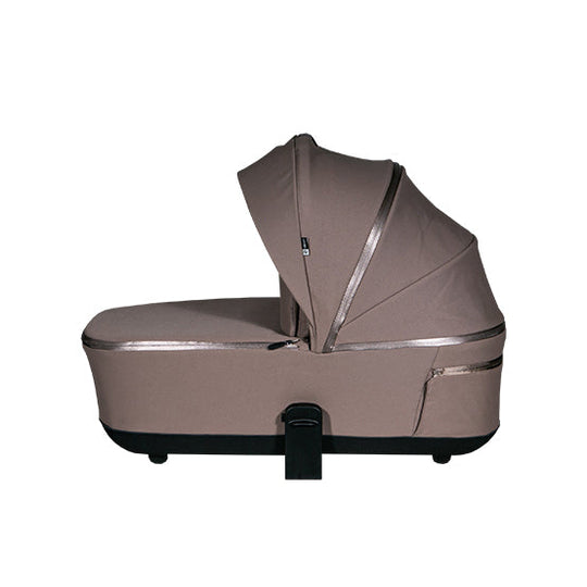 Elegant mocca Lunar II carry cot with canopy and mesh window.