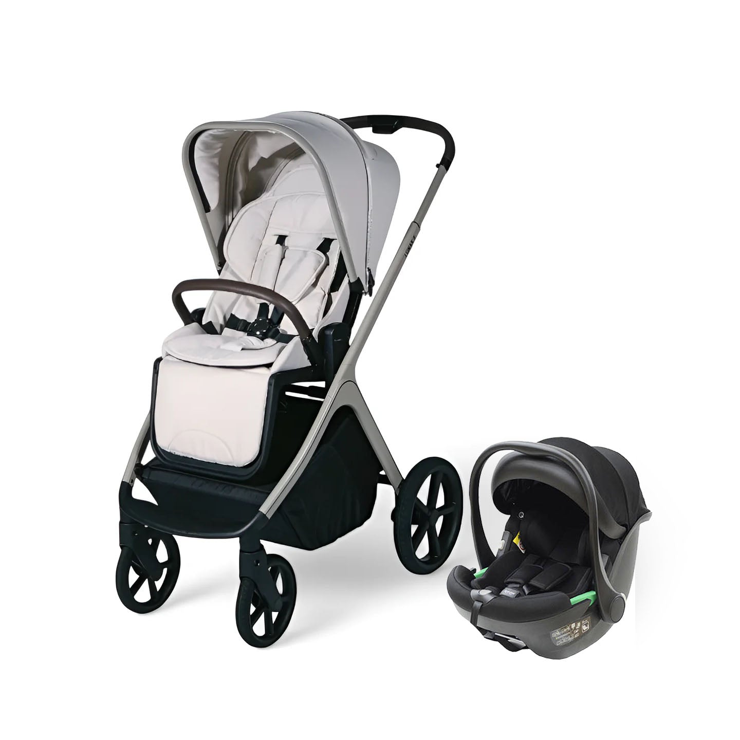 Beige Lunar II Travel System featuring stroller and car seat for infants up to 4 years, blending style and comfort.