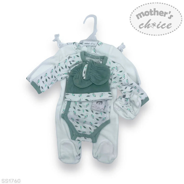 M/C Starter Pack baby clothing set in sage and grey leaf pattern, including onesie, footed bodysuit, booties, hat, and bib on hanger, made from soft breathable cotton.