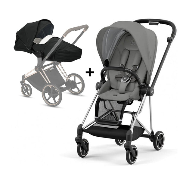 MIOS Chrome Frame stroller with Soho grey seat pack and black lite carry cot for newborns and toddlers