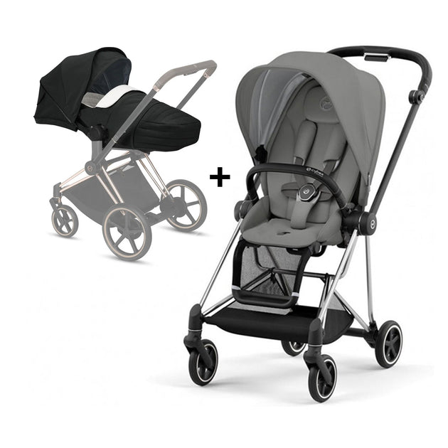 MIOS Chrome Frame stroller with Soho grey seat pack and black lite carry cot for newborns and toddlers