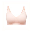 MomCozy Nursing Bra in beige, soft stretchy fabric with wire-free design and easy nursing clips for breastfeeding comfort