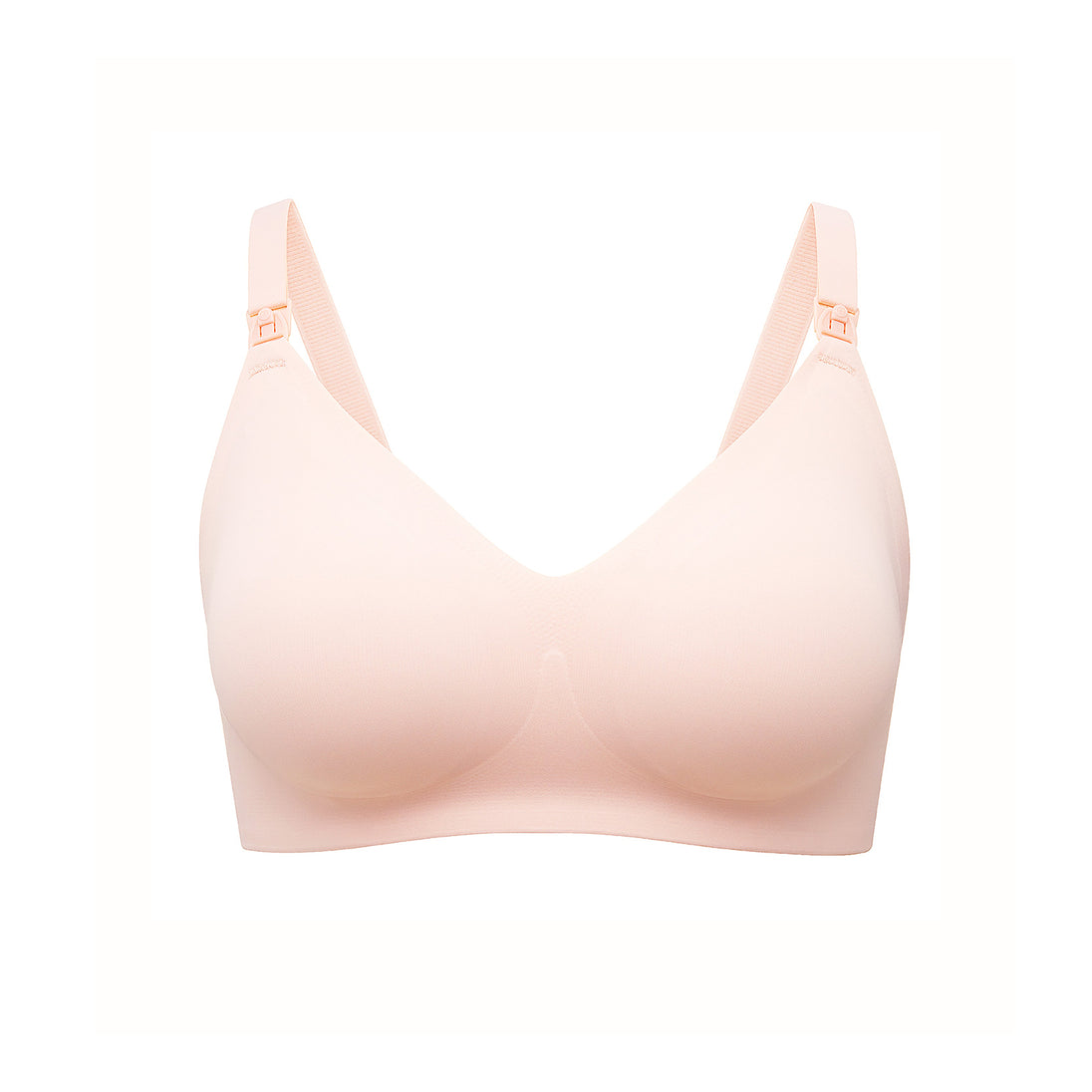 MomCozy Nursing Bra in beige, soft stretchy fabric with wire-free design and easy nursing clips for breastfeeding comfort