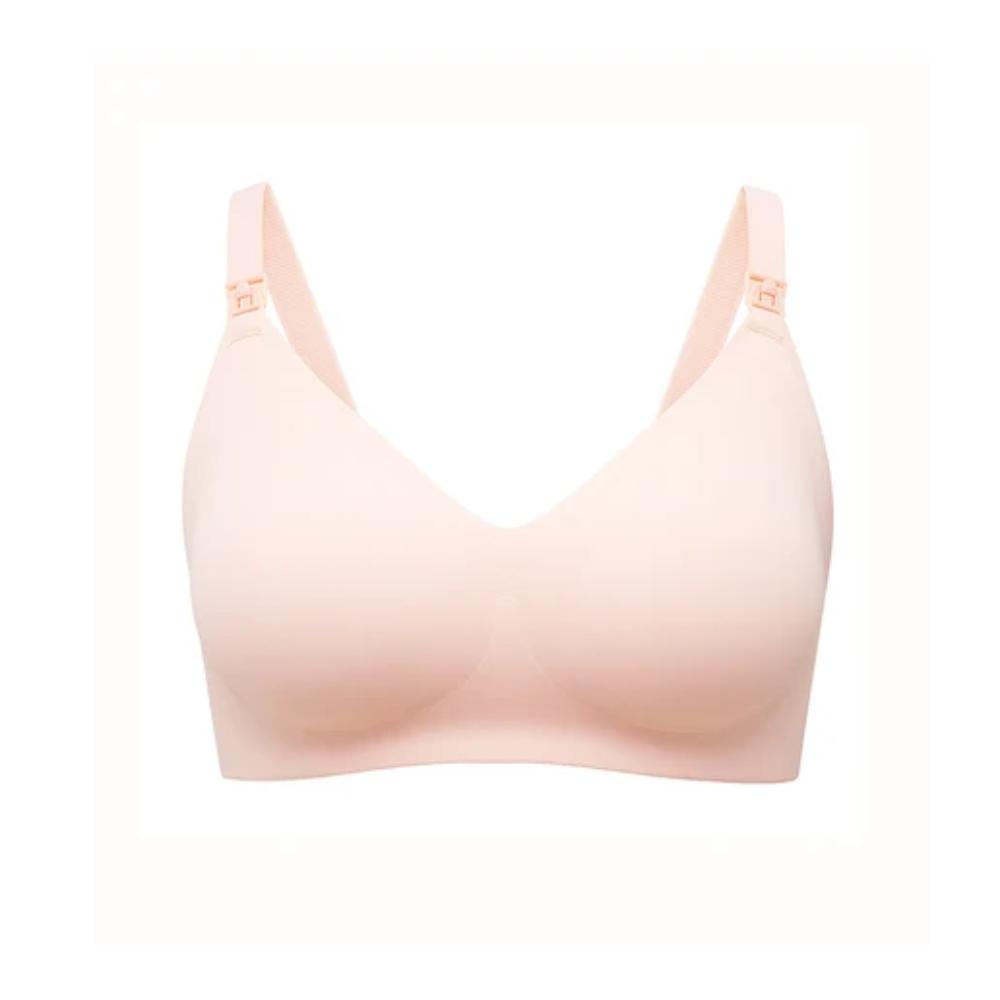 Beige MomCozy Nursing Bra with soft, stretchy fabric and one-handed nursing clips for breastfeeding comfort