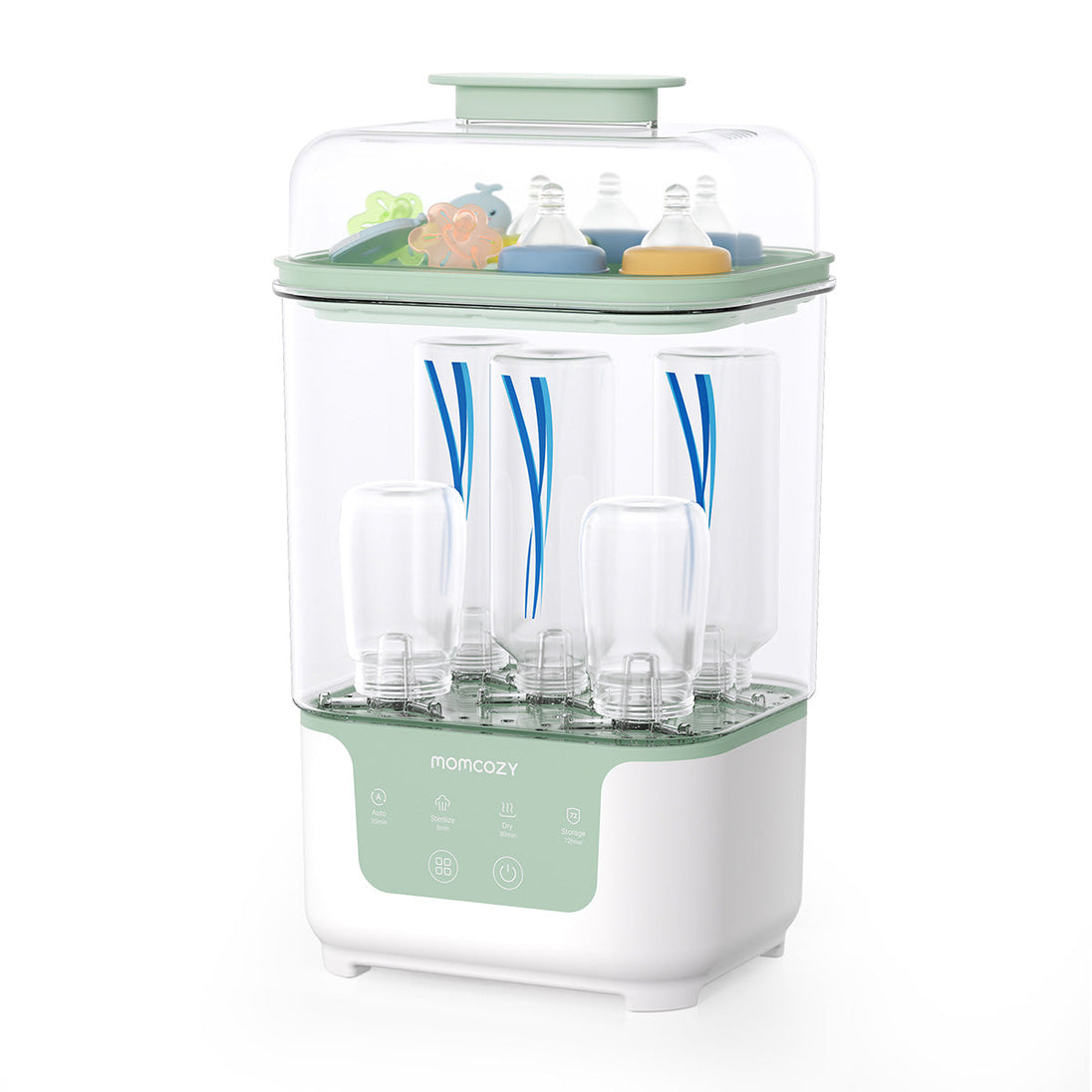 Momcozy BS04 Bottle Sterilizer with EU plug showing compact sterilizer and drying features for baby bottles and accessories