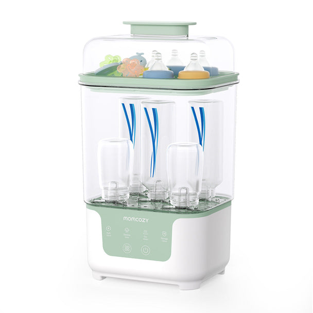 Momcozy BS04 Bottle Sterilizer with EU plug showing compact sterilizer and drying features for baby bottles and accessories