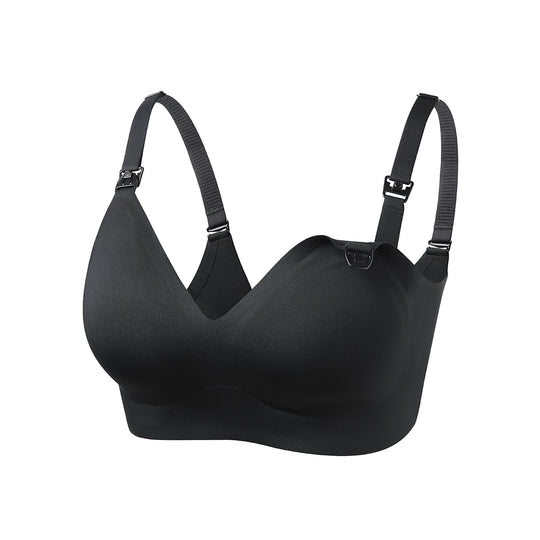 MomCozy Nursing Bra black small size soft breathable fabric with one-handed nursing clips and wide shoulder straps