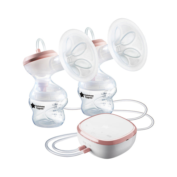 Tommee Tippee Made For Me Double Electric Breast Pump with USB rechargeable unit, dual suction cups, and adjustable settings for comfortable milk expression.