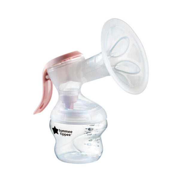 Tommee Tippee Made For Me ergonomic manual breast pump with compact design and soft massage petals, BPA-free and portable for easy breastfeeding.