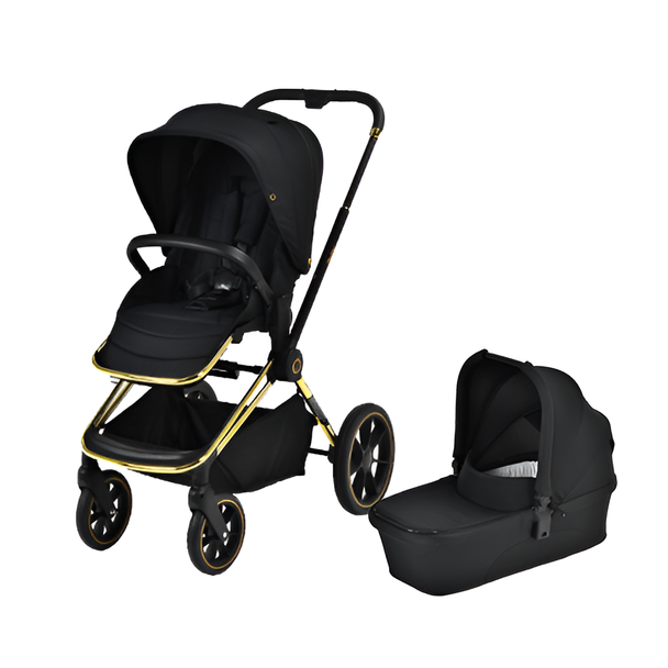 Maverick Yellow Gold stroller with black fabric and detachable carry cot for newborns and toddlers.