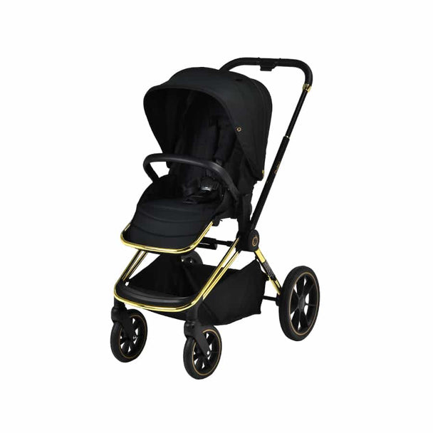 Maverick Yellow Gold luxury stroller with black fabric and sleek frame for newborns up to 22kg