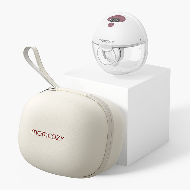 MomCozy M5 Single Breast Pump in red wearable hands-free design for discreet, comfortable breastfeeding on the go