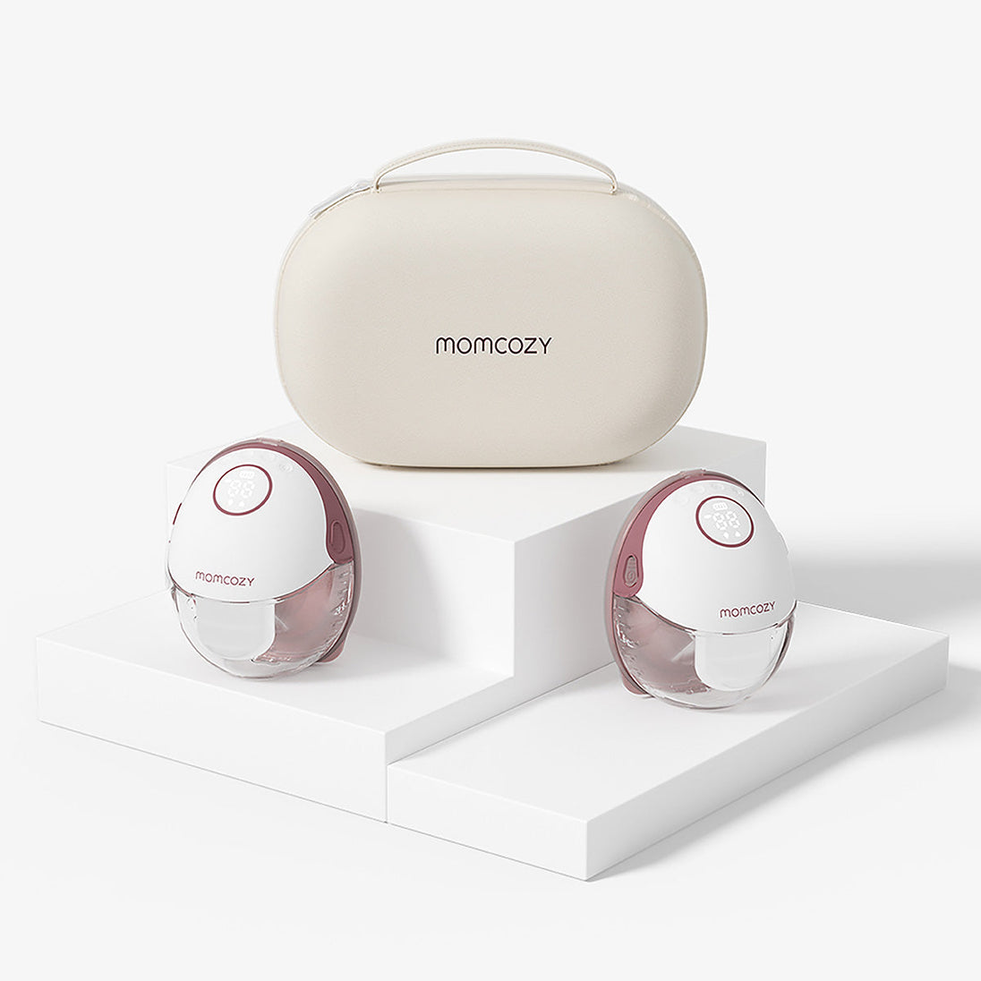 MomCozy M6 double breast pump in red with hands-free design and adjustable suction levels