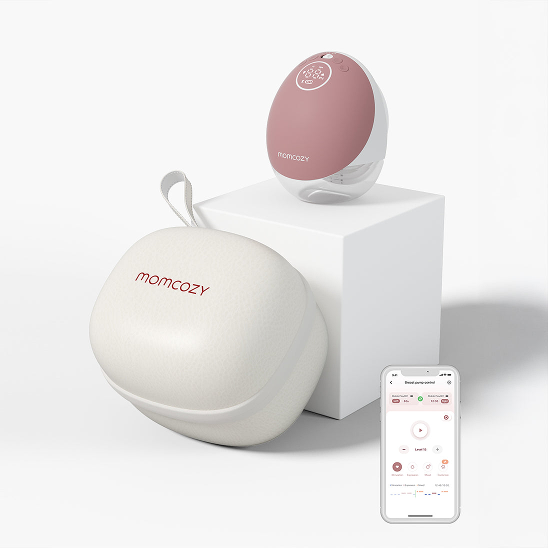 MomCozy M9 Single Breast Pump in red, wearable, hands-free, app-connected breast pumping device