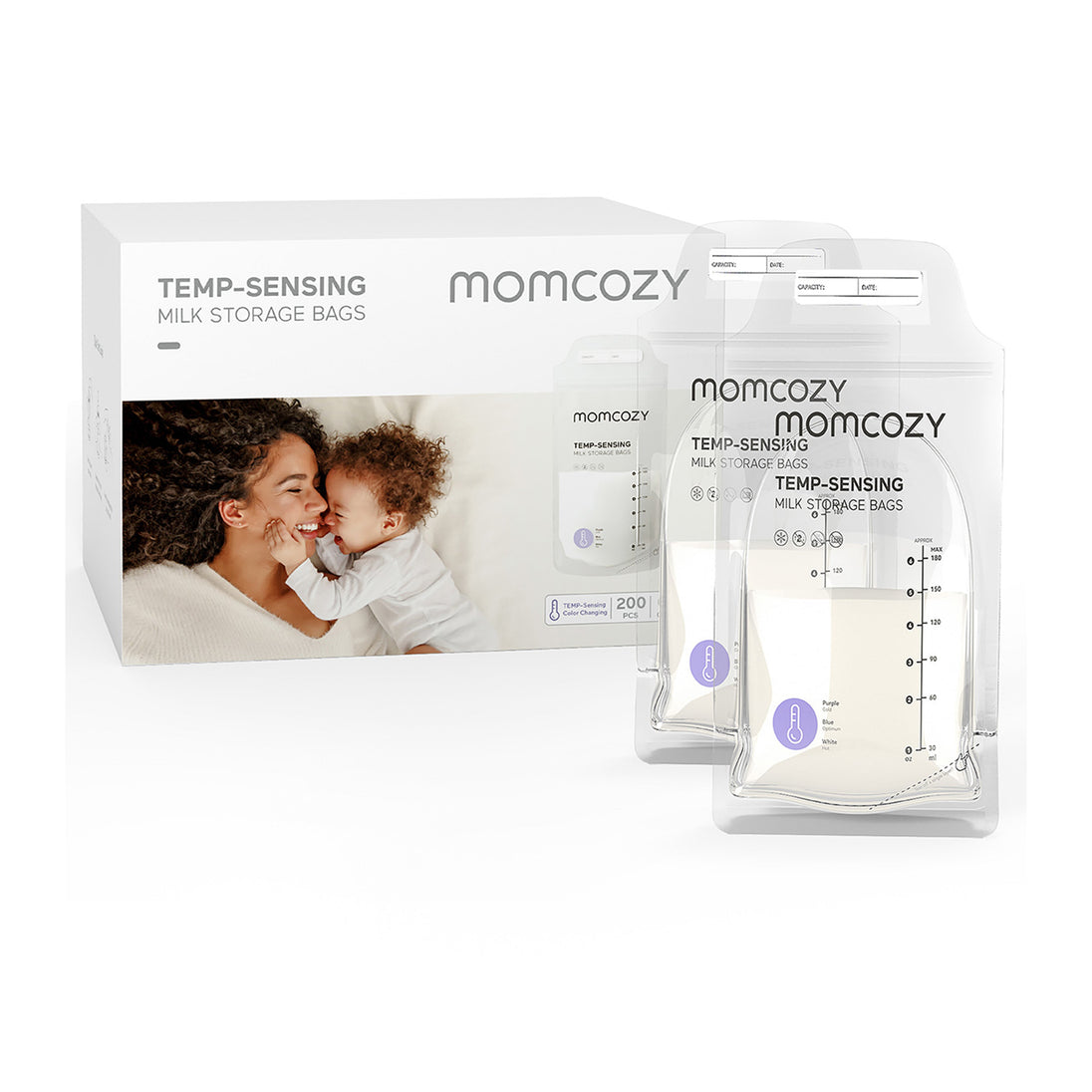 Momcozy Milk Storage Bags 50 pcs pre-sterilised leak-proof breast milk storage bags with double-seal closure and writable label area