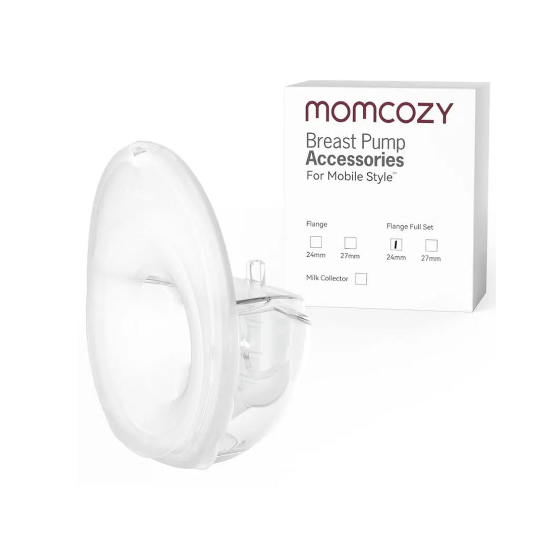 MomCozy M6 Milk Collection Container Set with 24mm flange for wearable breast pump, BPA-free and leak-resistant.