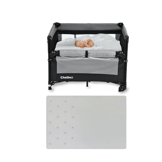 Mum and Me Camp Cot with Mattress featuring two-level bassinet for baby comfort and safety.