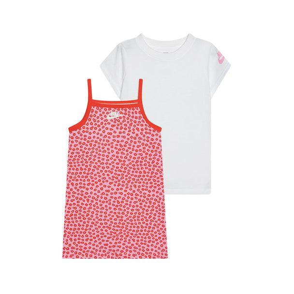 Nike Kids Floral 2pc Set featuring a white crew neck T-shirt and a pink floral slip dress with Nike logo detail
