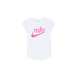 White Nike Kids Script Futura t-shirt with playful pink logo and short sleeves