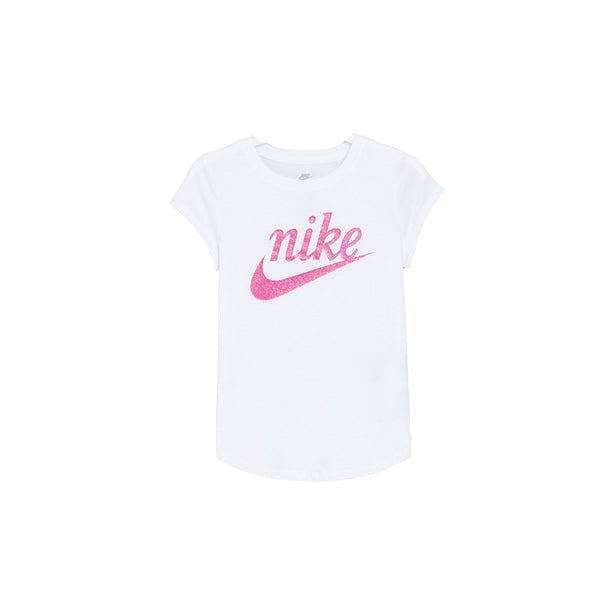 White Nike Kids Script Futura t-shirt with playful pink logo and short sleeves