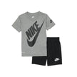 Nike Kids Futura Short Set with grey graphic tee and black elastic waist shorts