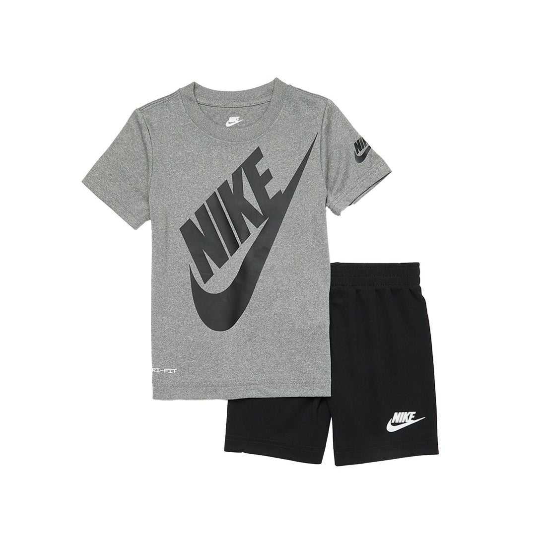 Nike Kids Futura Short Set with grey graphic tee and black elastic waist shorts